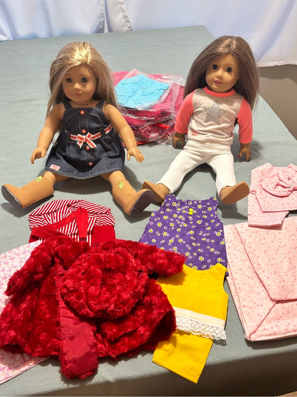 American Girl Dolls x 2 and Outfit Lot with Red Faux-Fur Coat, Dresses, Pajamas